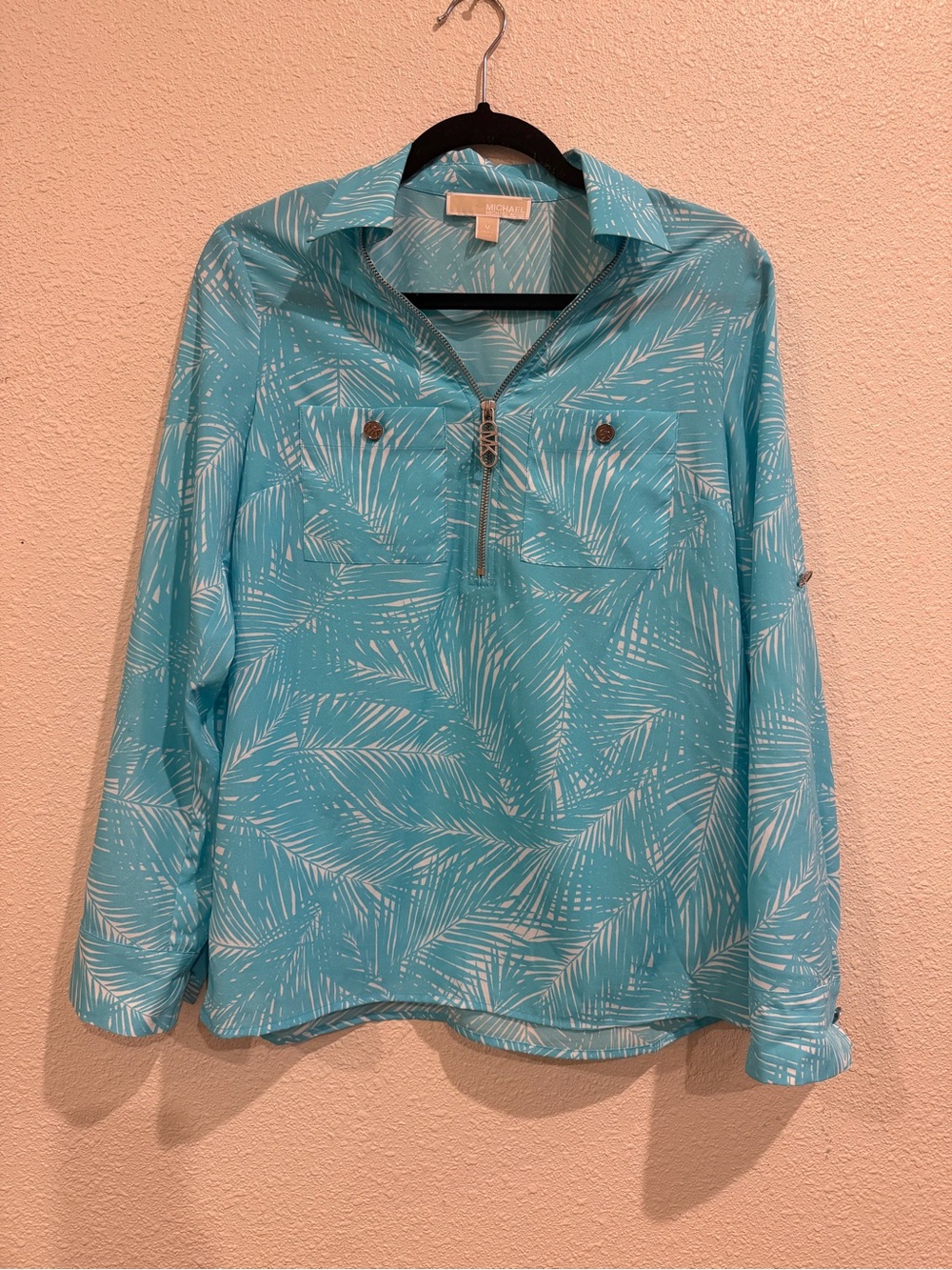 Michael Kors Turquoise and White Palm-Print Button-Down Shirt